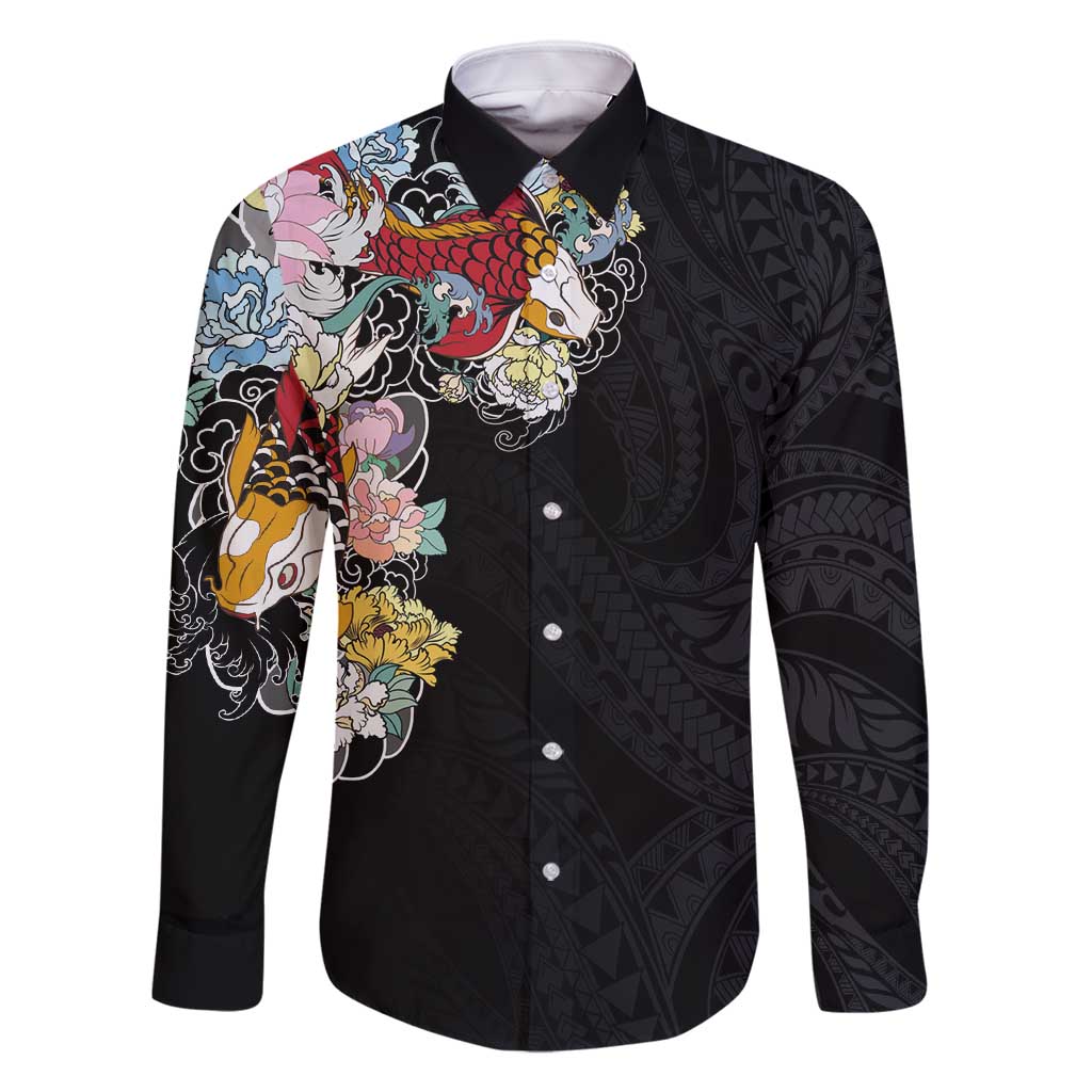 Hawaiian and Japanese Together Family Matching Tank Maxi Dress and Hawaiian Shirt Colorful Traditional Japanese Tattoo and Kakau Pattern Black Color