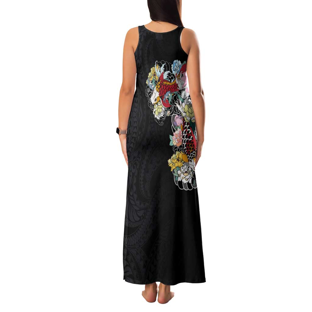 Hawaiian and Japanese Together Family Matching Tank Maxi Dress and Hawaiian Shirt Colorful Traditional Japanese Tattoo and Kakau Pattern Black Color