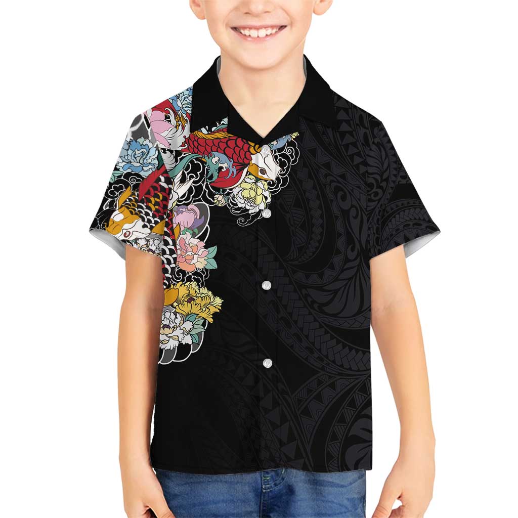 Hawaiian and Japanese Together Family Matching Tank Maxi Dress and Hawaiian Shirt Colorful Traditional Japanese Tattoo and Kakau Pattern Black Color