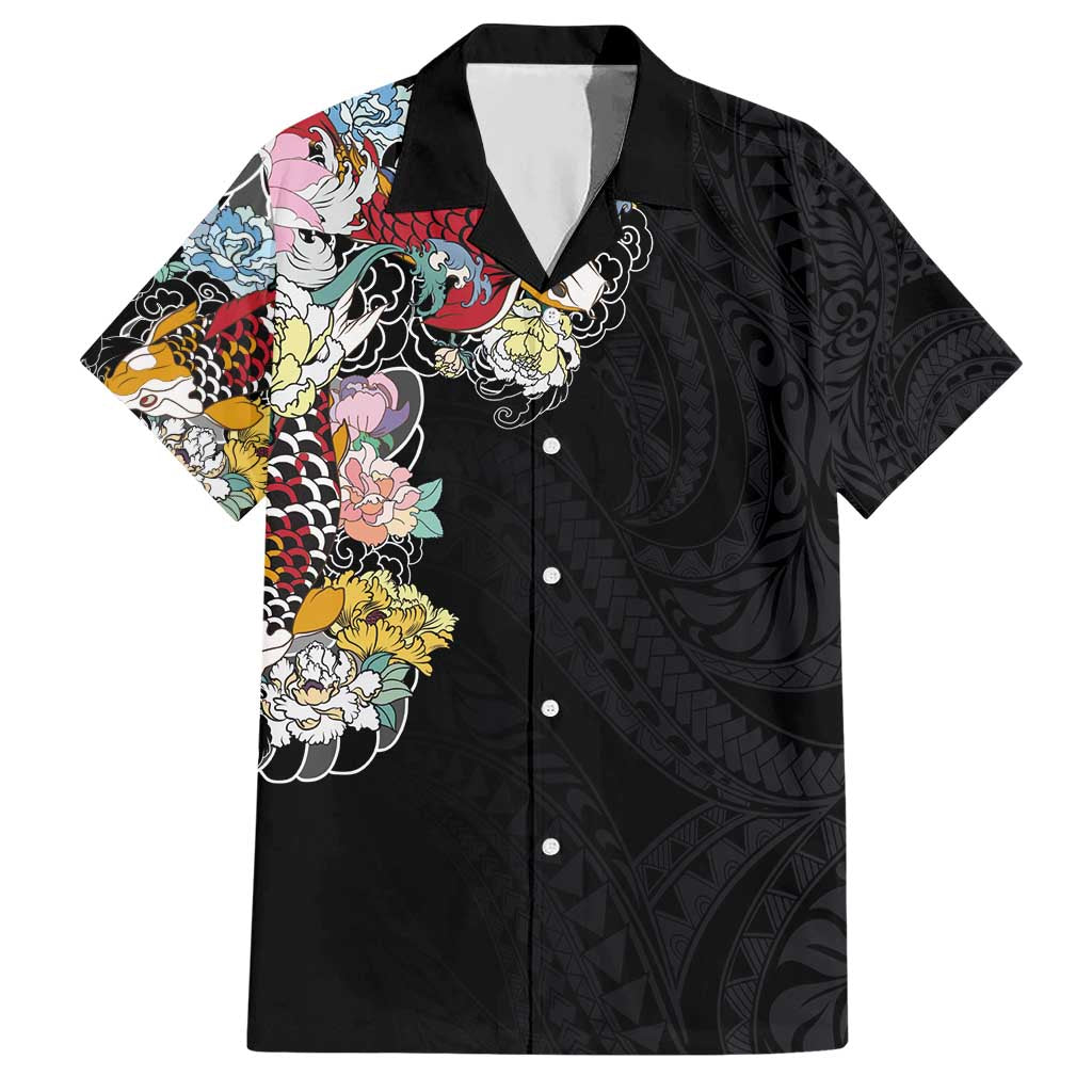 Hawaiian and Japanese Together Hawaiian Shirt Colorful Traditional Japanese Tattoo and Kakau Pattern Black Color