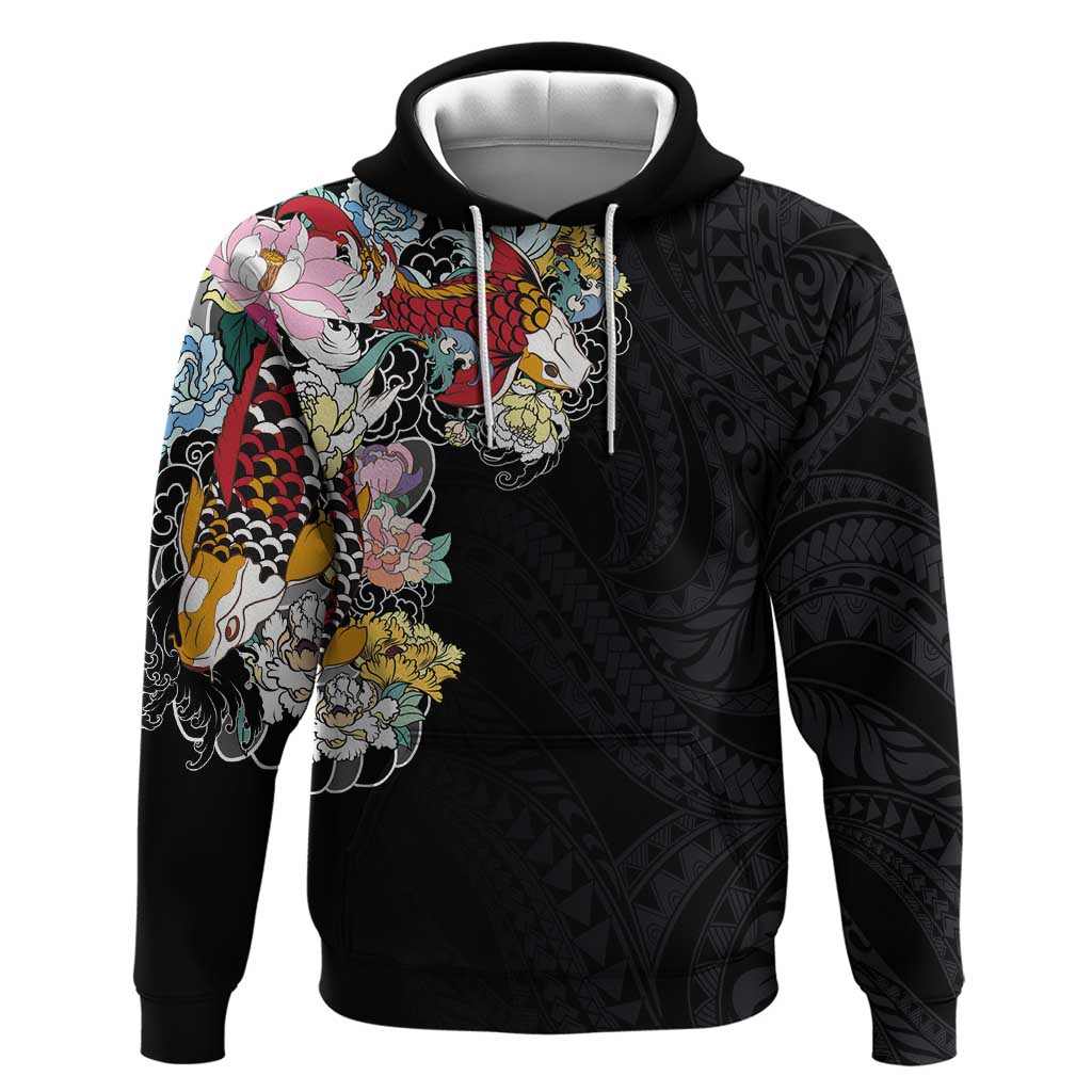 Hawaiian and Japanese Together Hoodie Colorful Traditional Japanese Tattoo and Kakau Pattern Black Color