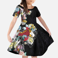 Hawaiian and Japanese Together Kid Short Sleeve Dress Colorful Traditional Japanese Tattoo and Kakau Pattern Black Color