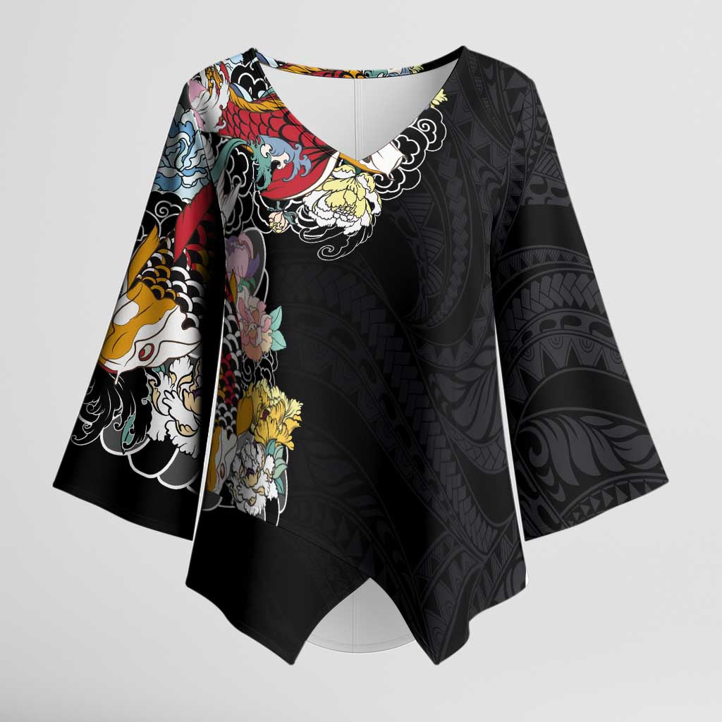 Hawaiian and Japanese Together Kimono Sleeve Blouse Colorful Traditional Japanese Tattoo and Kakau Pattern Black Color - Polynesian Pride