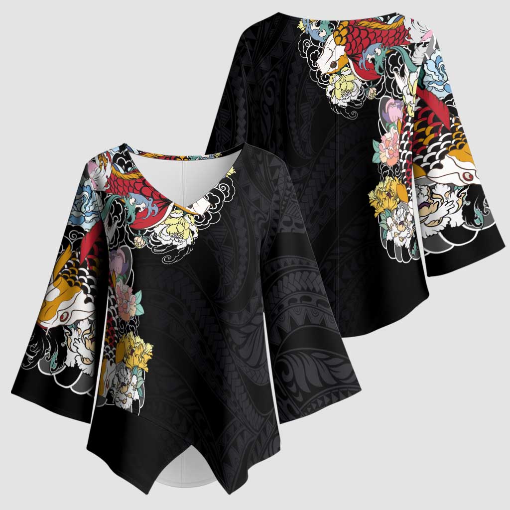 Hawaiian and Japanese Together Kimono Sleeve Blouse Colorful Traditional Japanese Tattoo and Kakau Pattern Black Color - Polynesian Pride
