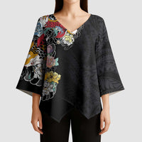 Hawaiian and Japanese Together Kimono Sleeve Blouse Colorful Traditional Japanese Tattoo and Kakau Pattern Black Color - Polynesian Pride