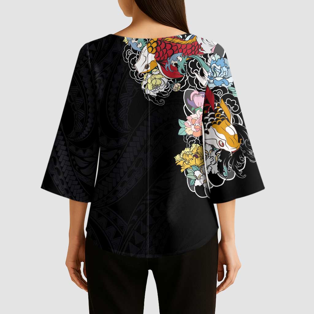 Hawaiian and Japanese Together Kimono Sleeve Blouse Colorful Traditional Japanese Tattoo and Kakau Pattern Black Color - Polynesian Pride