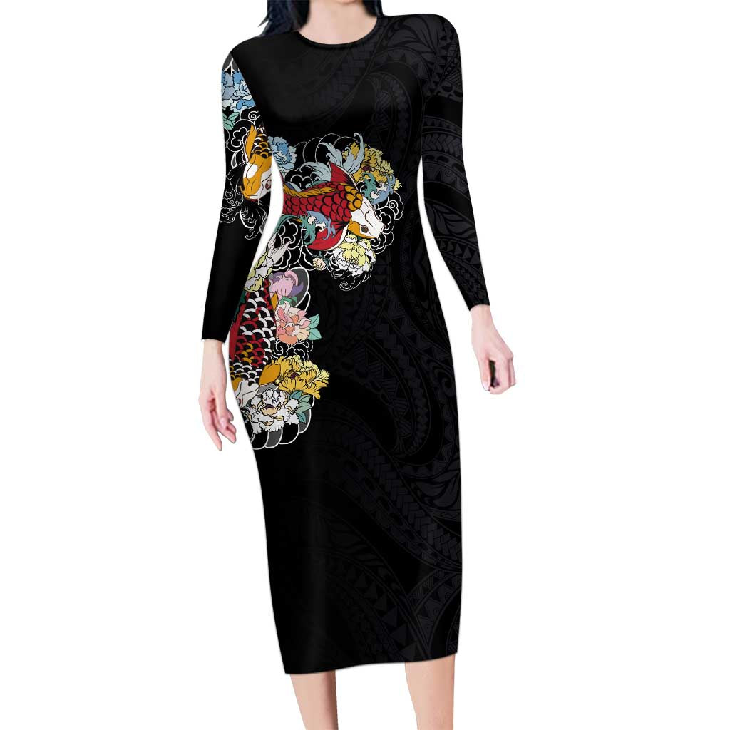 Hawaiian and Japanese Together Long Sleeve Bodycon Dress Colorful Traditional Japanese Tattoo and Kakau Pattern Black Color