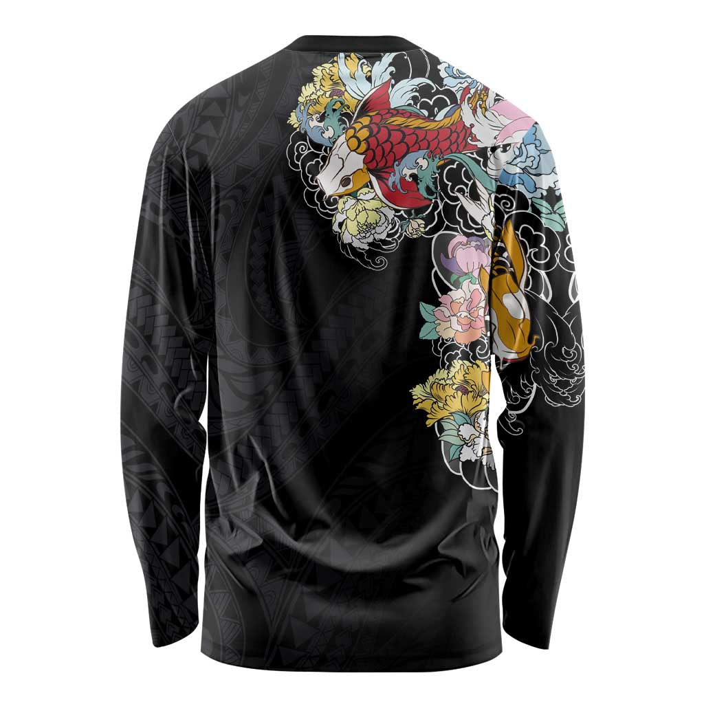 Hawaiian and Japanese Together Long Sleeve Shirt Colorful Traditional Japanese Tattoo and Kakau Pattern Black Color