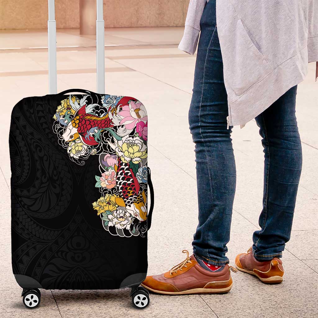 Hawaiian and Japanese Together Luggage Cover Colorful Traditional Japanese Tattoo and Kakau Pattern Black Color