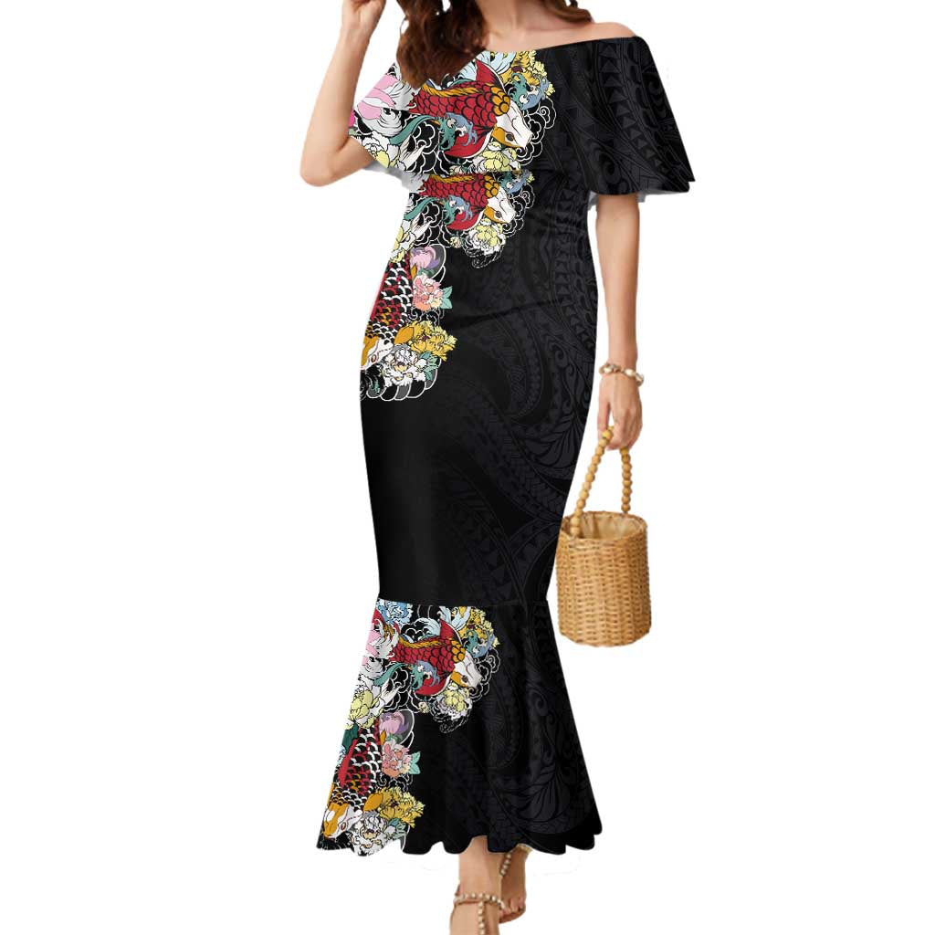 Hawaiian and Japanese Together Mermaid Dress Colorful Traditional Japanese Tattoo and Kakau Pattern Black Color