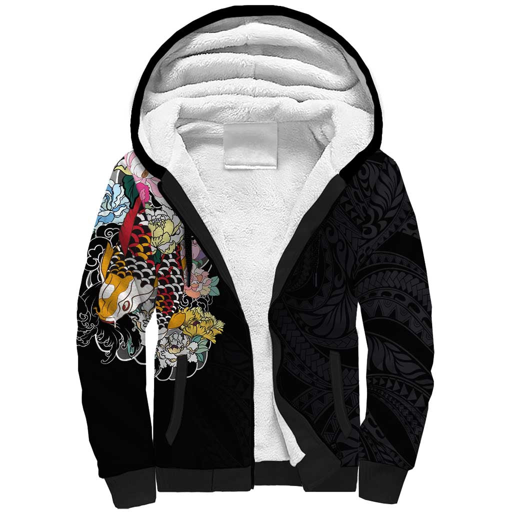 Hawaiian and Japanese Together Sherpa Hoodie Colorful Traditional Japanese Tattoo and Kakau Pattern Black Color LT03 Unisex Black - Polynesian Pride