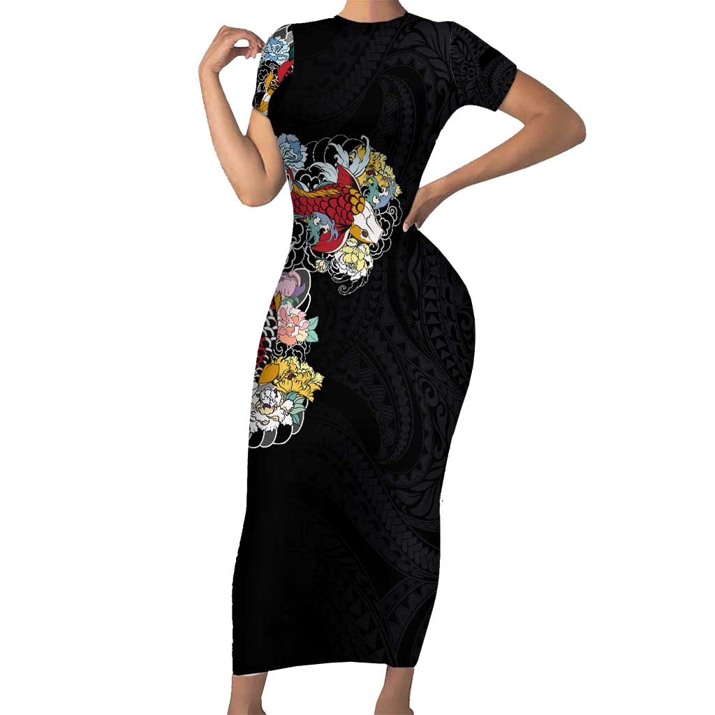 Hawaiian and Japanese Together Short Sleeve Bodycon Dress Colorful Traditional Japanese Tattoo and Kakau Pattern Black Color