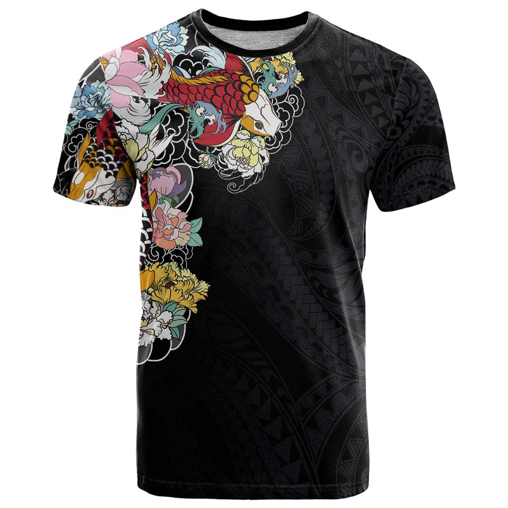 Hawaiian and Japanese Together T Shirt Colorful Traditional Japanese Tattoo and Kakau Pattern Black Color