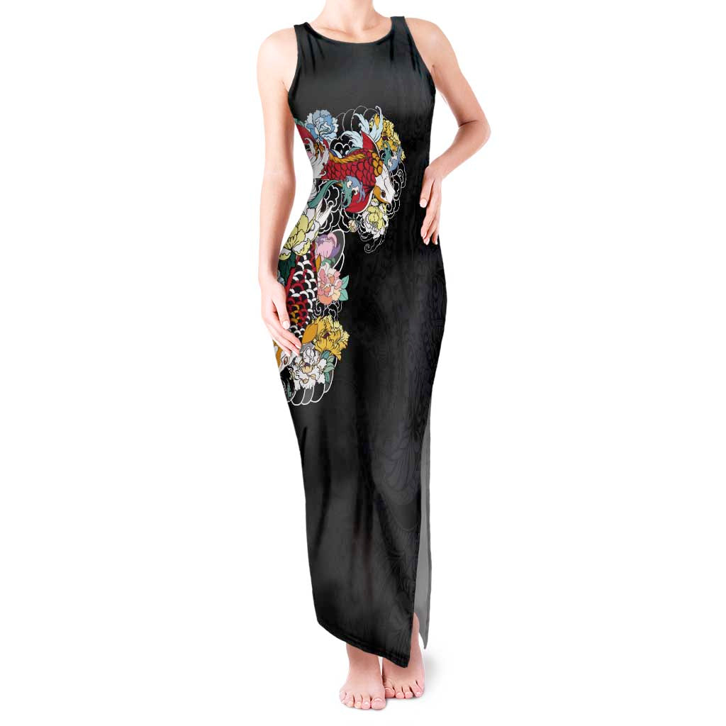 Hawaiian and Japanese Together Tank Maxi Dress Colorful Traditional Japanese Tattoo and Kakau Pattern Black Color LT03 Women Black - Polynesian Pride