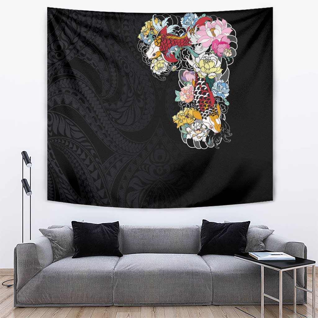 Hawaiian and Japanese Together Tapestry Colorful Traditional Japanese Tattoo and Kakau Pattern Black Color