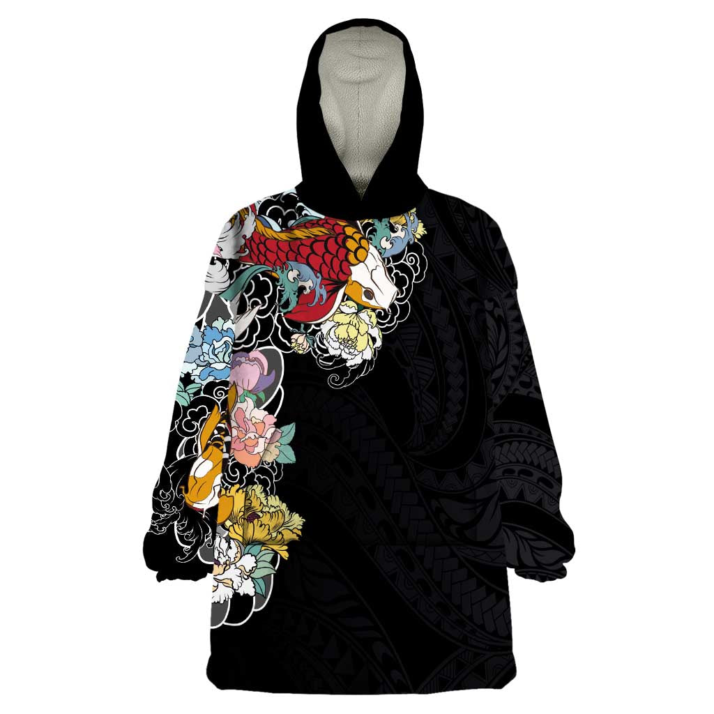 Hawaiian and Japanese Together Wearable Blanket Hoodie Colorful Traditional Japanese Tattoo and Kakau Pattern Black Color