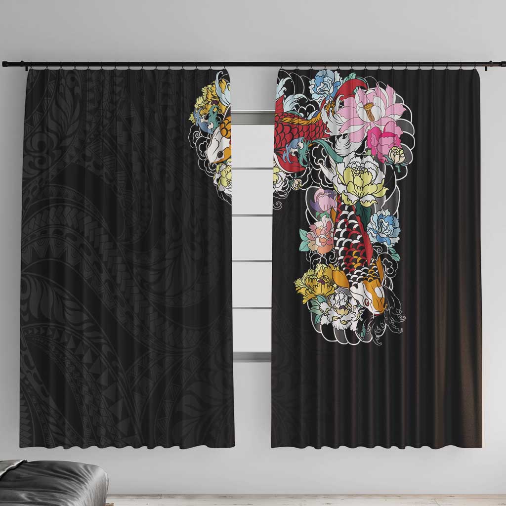 Hawaiian and Japanese Together Window Curtain Colorful Traditional Japanese Tattoo and Kakau Pattern Black Color