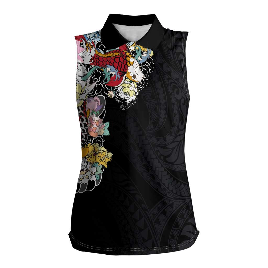 Hawaiian and Japanese Together Women Sleeveless Polo Shirt Colorful Traditional Japanese Tattoo and Kakau Pattern Black Color