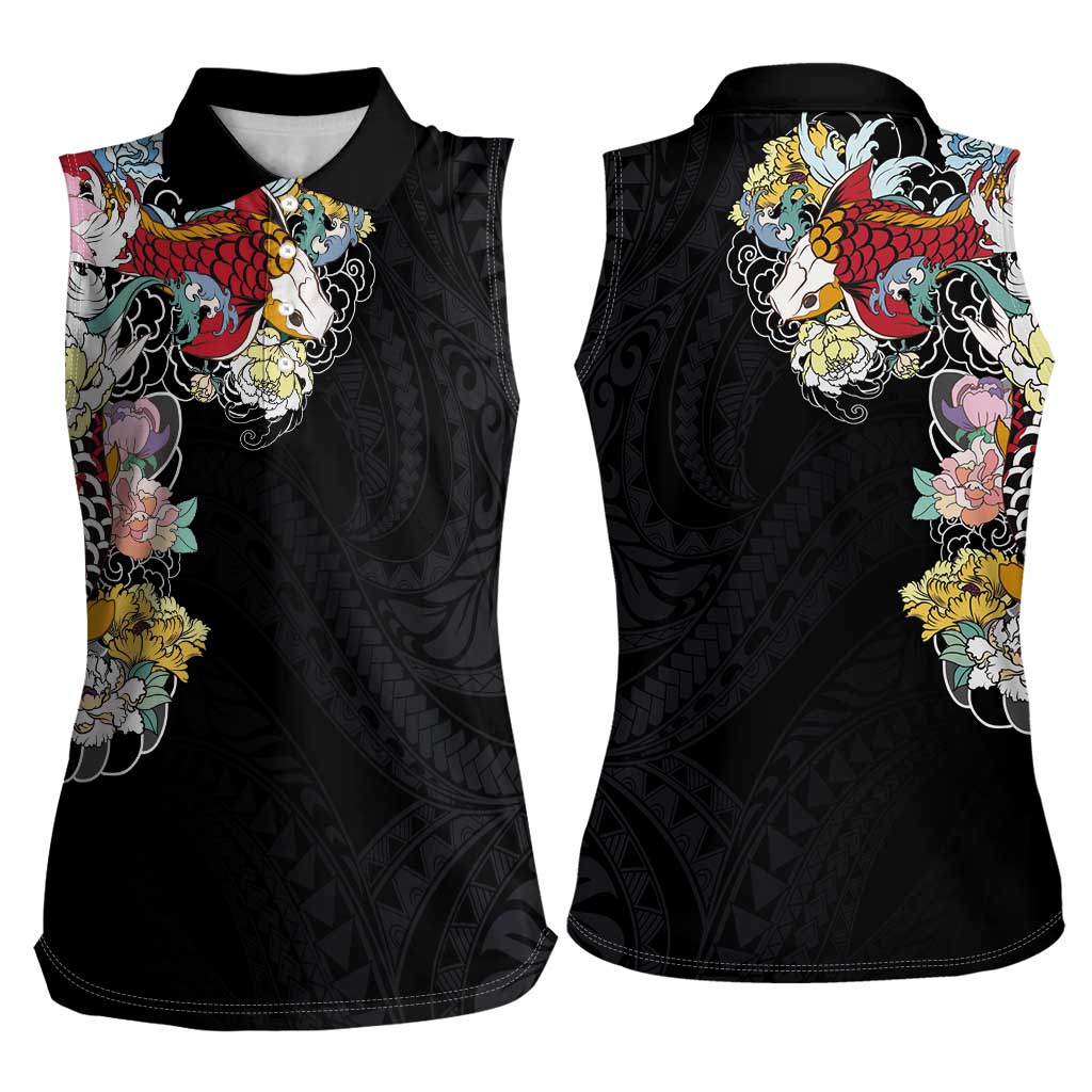 Hawaiian and Japanese Together Women Sleeveless Polo Shirt Colorful Traditional Japanese Tattoo and Kakau Pattern Black Color