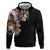 Hawaiian and Japanese Together Zip Hoodie Colorful Traditional Japanese Tattoo and Kakau Pattern Black Color