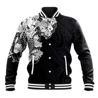 Hawaiian and Japanese Together Baseball Jacket Japanese Koi Fish Tattoo and Kakau Pattern Black Color LT03 Unisex Black - Polynesian Pride