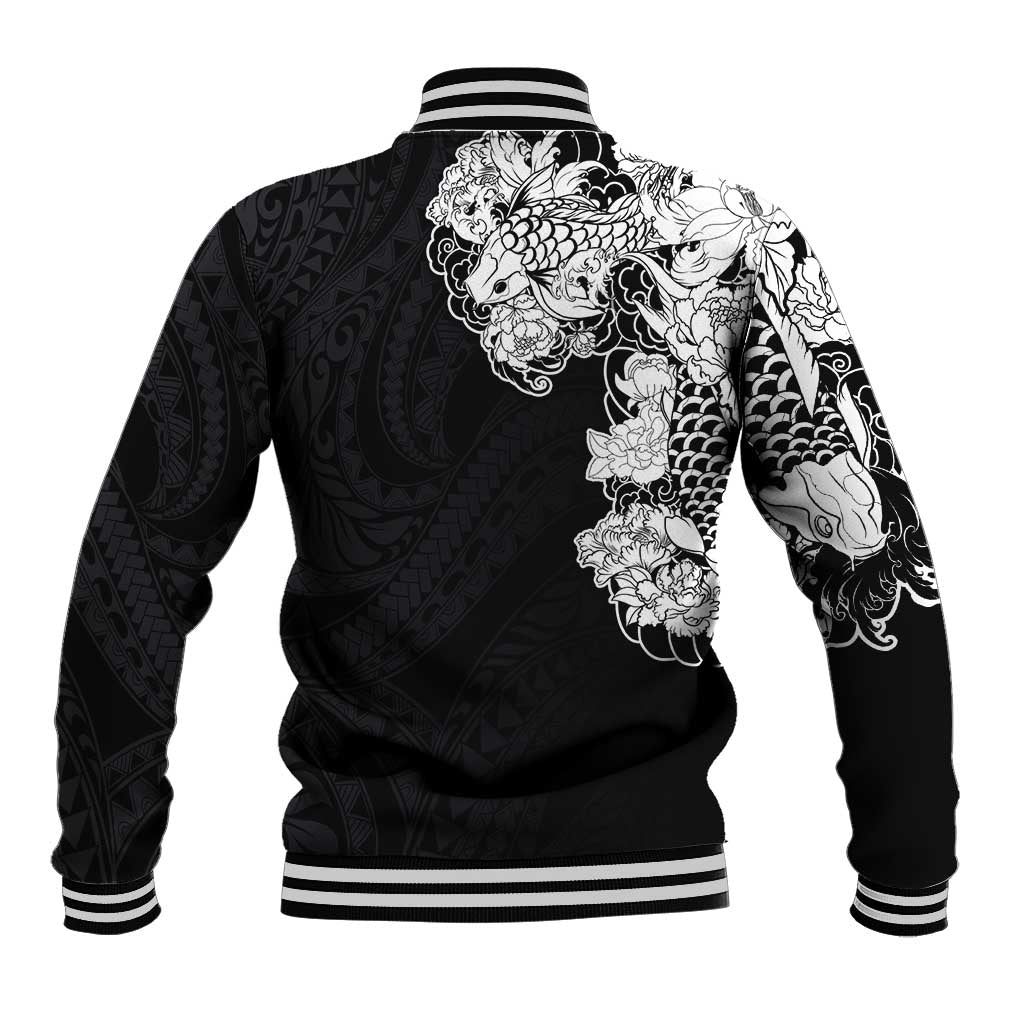Hawaiian and Japanese Together Baseball Jacket Japanese Koi Fish Tattoo and Kakau Pattern Black Color LT03 - Polynesian Pride