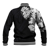Hawaiian and Japanese Together Baseball Jacket Japanese Koi Fish Tattoo and Kakau Pattern Black Color LT03 - Polynesian Pride