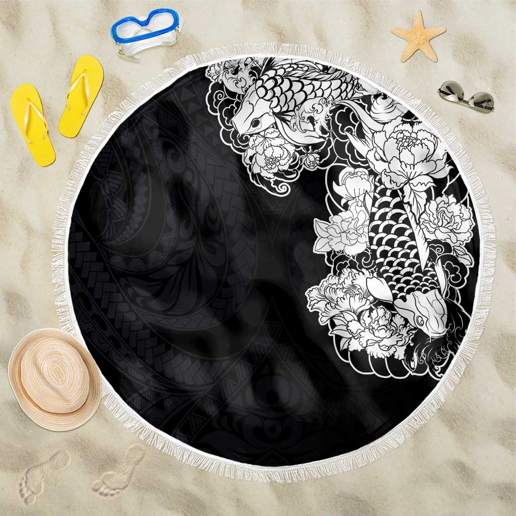 Hawaiian and Japanese Together Beach Blanket Japanese Koi Fish Tattoo and Kakau Pattern Black Color LT03 One Size 150cm Black - Polynesian Pride