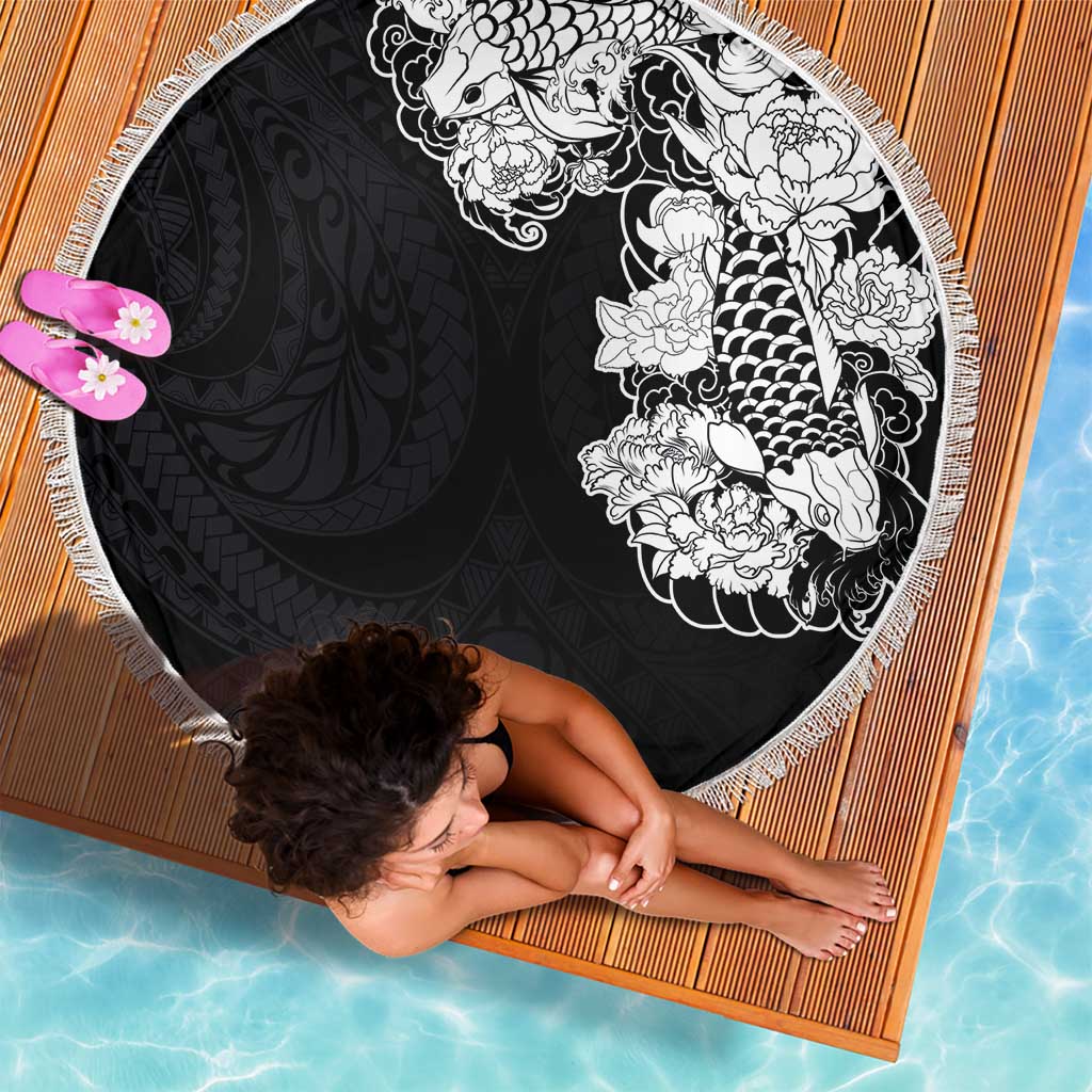 Hawaiian and Japanese Together Beach Blanket Japanese Koi Fish Tattoo and Kakau Pattern Black Color LT03 - Polynesian Pride