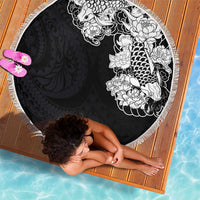 Hawaiian and Japanese Together Beach Blanket Japanese Koi Fish Tattoo and Kakau Pattern Black Color LT03 - Polynesian Pride
