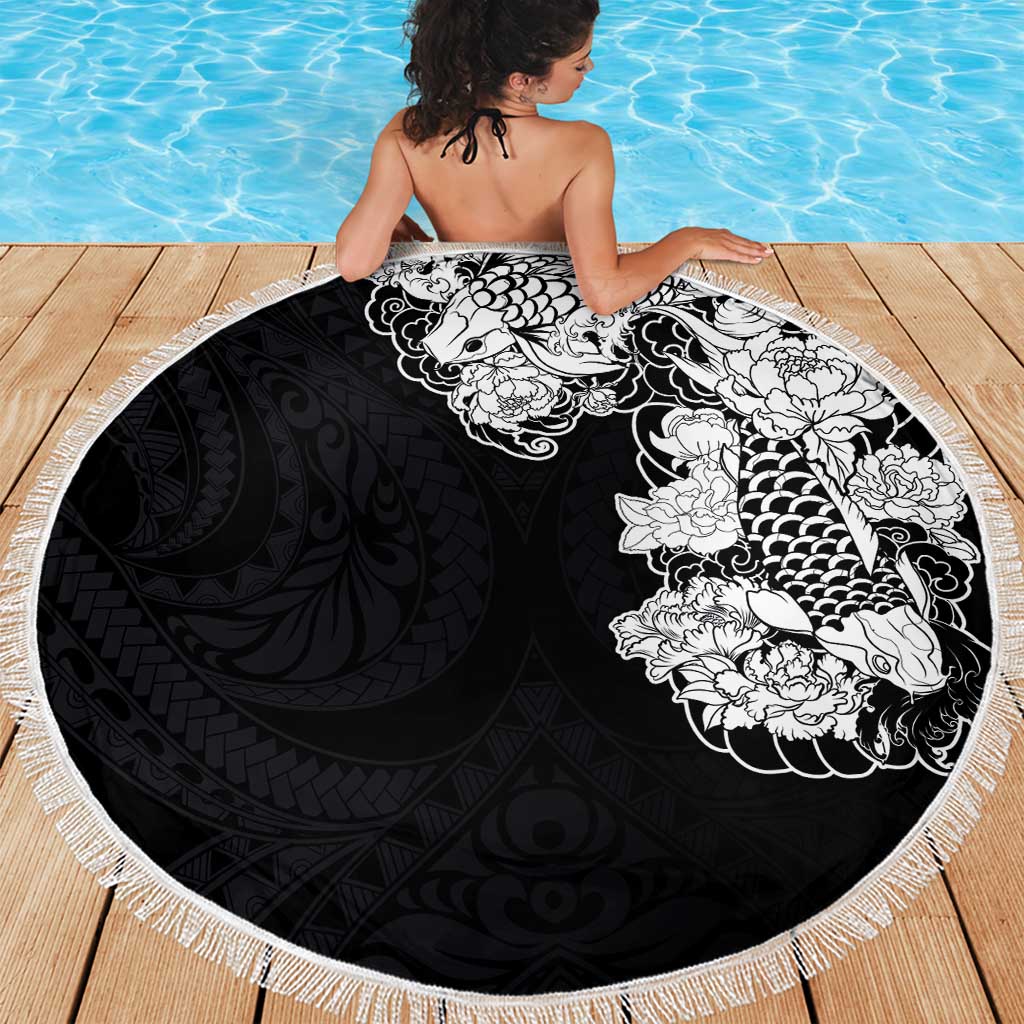 Hawaiian and Japanese Together Beach Blanket Japanese Koi Fish Tattoo and Kakau Pattern Black Color LT03 - Polynesian Pride