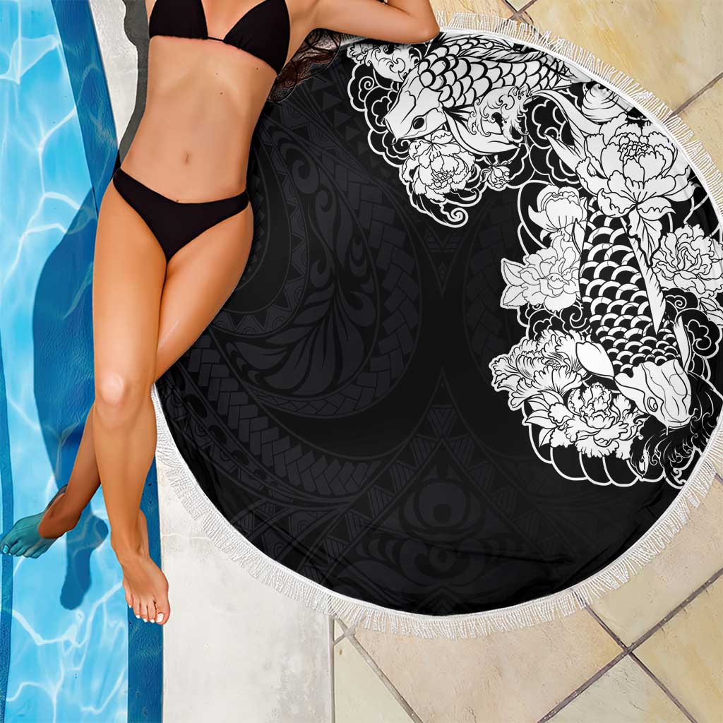 Hawaiian and Japanese Together Beach Blanket Japanese Koi Fish Tattoo and Kakau Pattern Black Color LT03 - Polynesian Pride