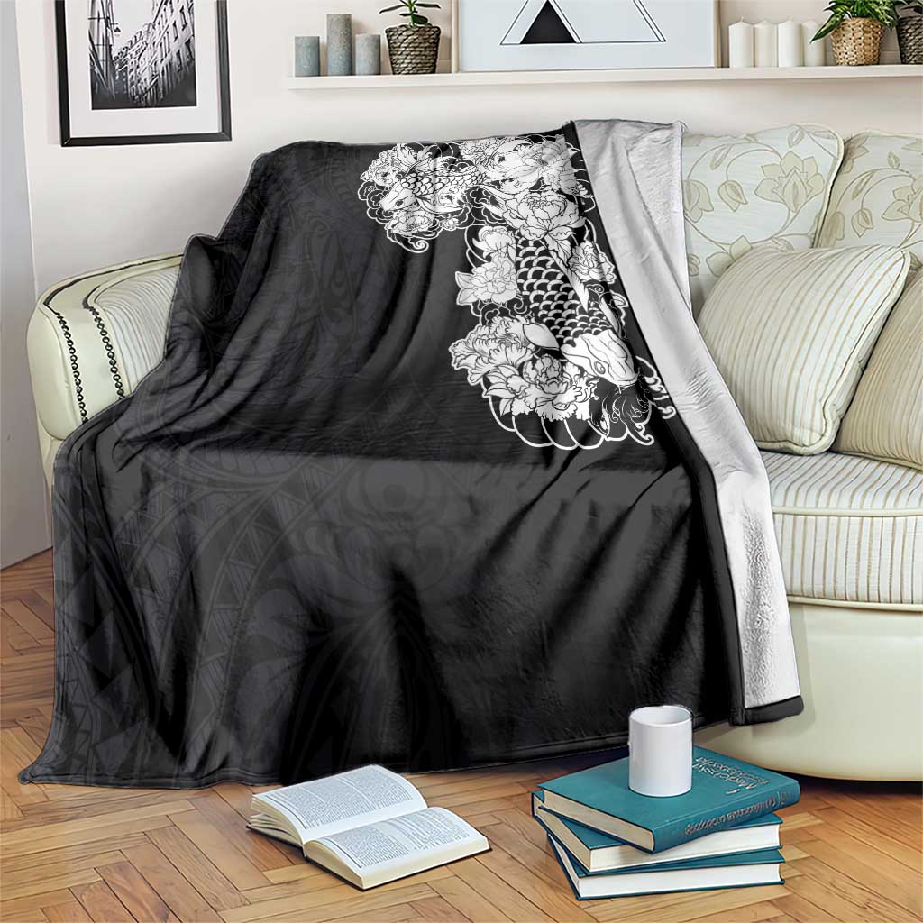 Hawaiian and Japanese Together Blanket Japanese Koi Fish Tattoo and Kakau Pattern Black Color LT03 Black - Polynesian Pride