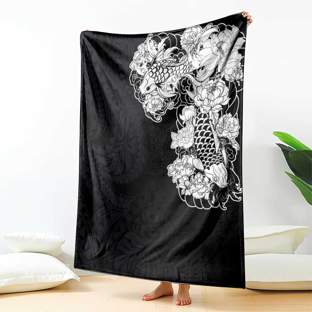 Hawaiian and Japanese Together Blanket Japanese Koi Fish Tattoo and Kakau Pattern Black Color LT03 - Polynesian Pride
