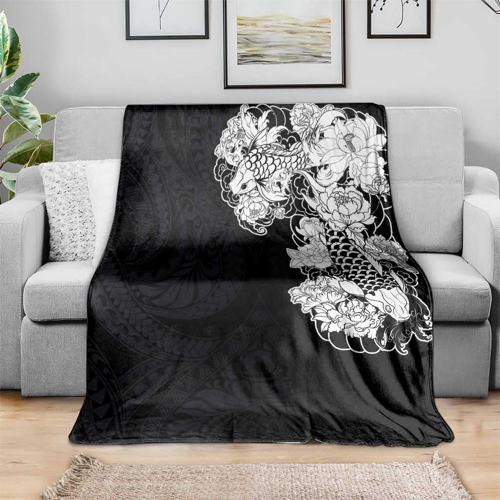 Hawaiian and Japanese Together Blanket Japanese Koi Fish Tattoo and Kakau Pattern Black Color LT03 - Polynesian Pride