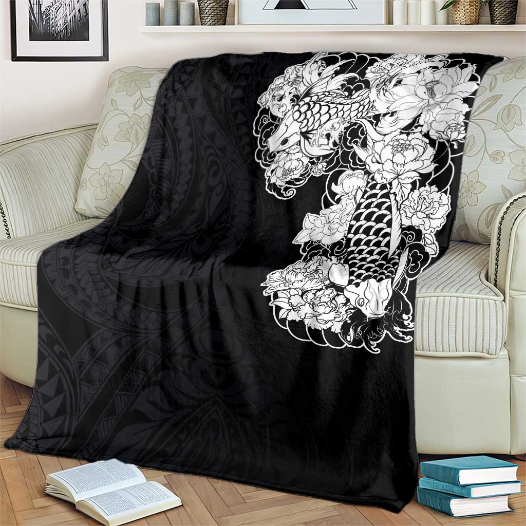 Hawaiian and Japanese Together Blanket Japanese Koi Fish Tattoo and Kakau Pattern Black Color LT03 - Polynesian Pride