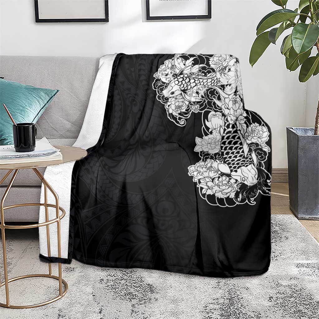 Hawaiian and Japanese Together Blanket Japanese Koi Fish Tattoo and Kakau Pattern Black Color LT03 - Polynesian Pride