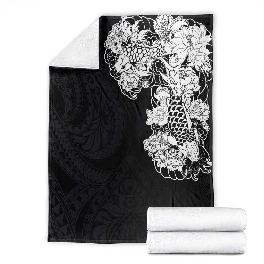 Hawaiian and Japanese Together Blanket Japanese Koi Fish Tattoo and Kakau Pattern Black Color LT03 - Polynesian Pride
