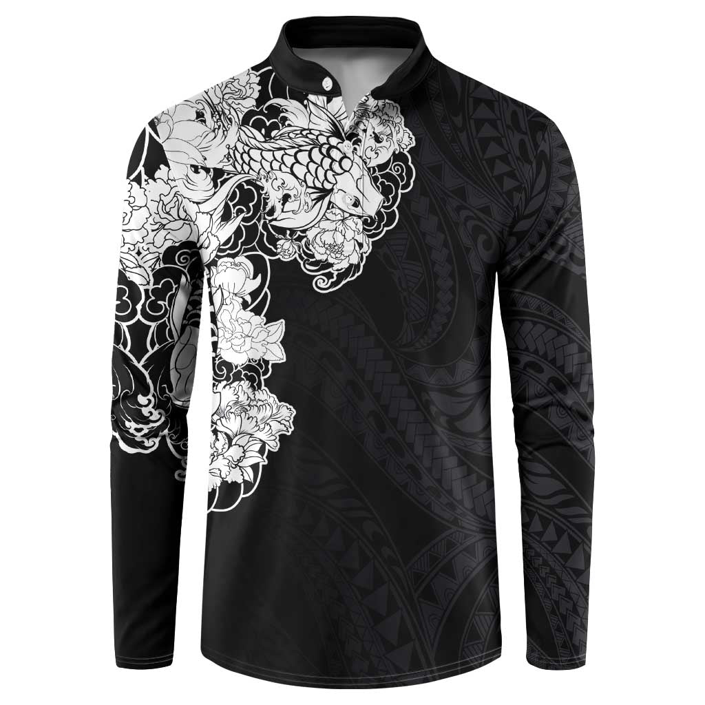 Hawaiian and Japanese Together Button Sweatshirt Japanese Koi Fish Tattoo and Kakau Pattern Black Color LT03 Black - Polynesian Pride