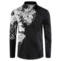 Hawaiian and Japanese Together Button Sweatshirt Japanese Koi Fish Tattoo and Kakau Pattern Black Color LT03 Black - Polynesian Pride
