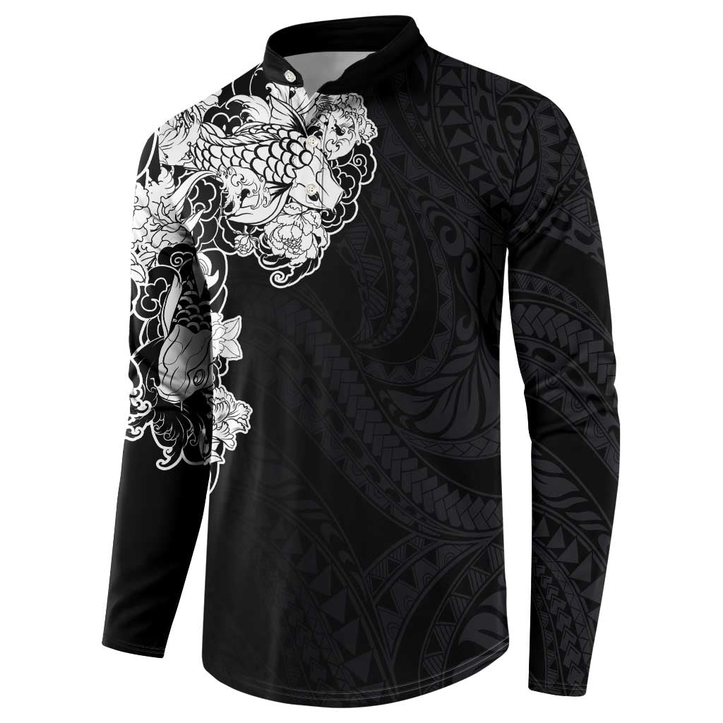 Hawaiian and Japanese Together Button Sweatshirt Japanese Koi Fish Tattoo and Kakau Pattern Black Color LT03 - Polynesian Pride