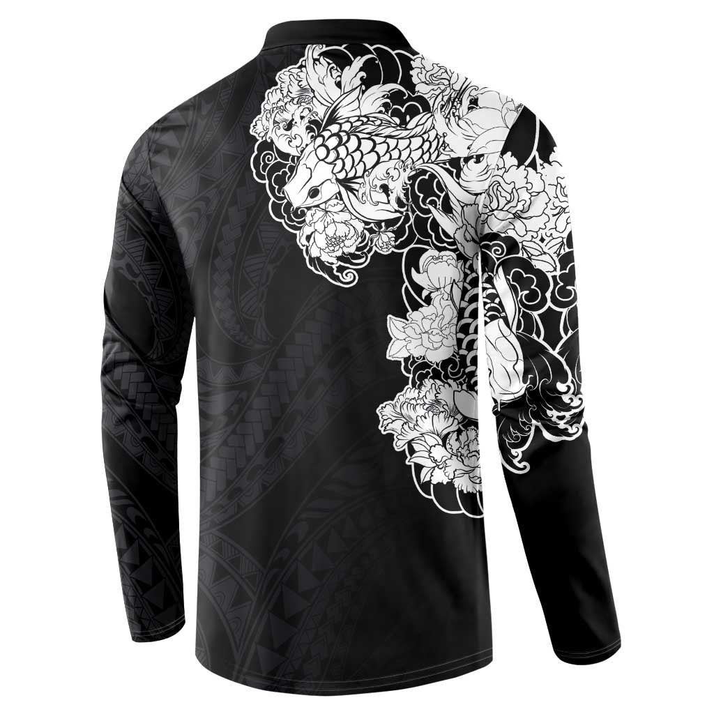 Hawaiian and Japanese Together Button Sweatshirt Japanese Koi Fish Tattoo and Kakau Pattern Black Color LT03 - Polynesian Pride