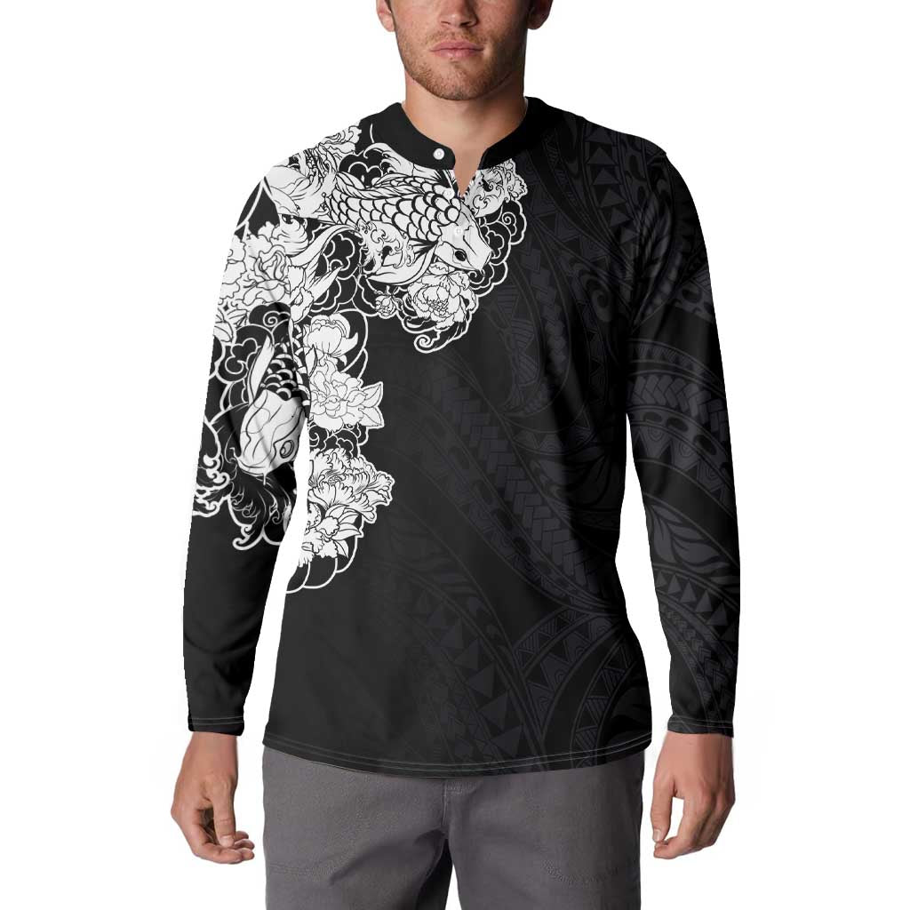 Hawaiian and Japanese Together Button Sweatshirt Japanese Koi Fish Tattoo and Kakau Pattern Black Color LT03 - Polynesian Pride