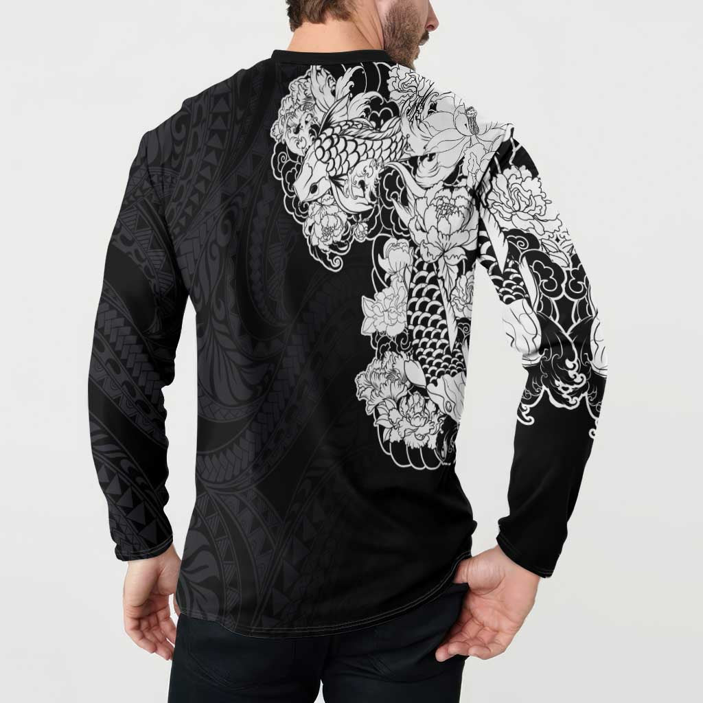 Hawaiian and Japanese Together Button Sweatshirt Japanese Koi Fish Tattoo and Kakau Pattern Black Color LT03 - Polynesian Pride