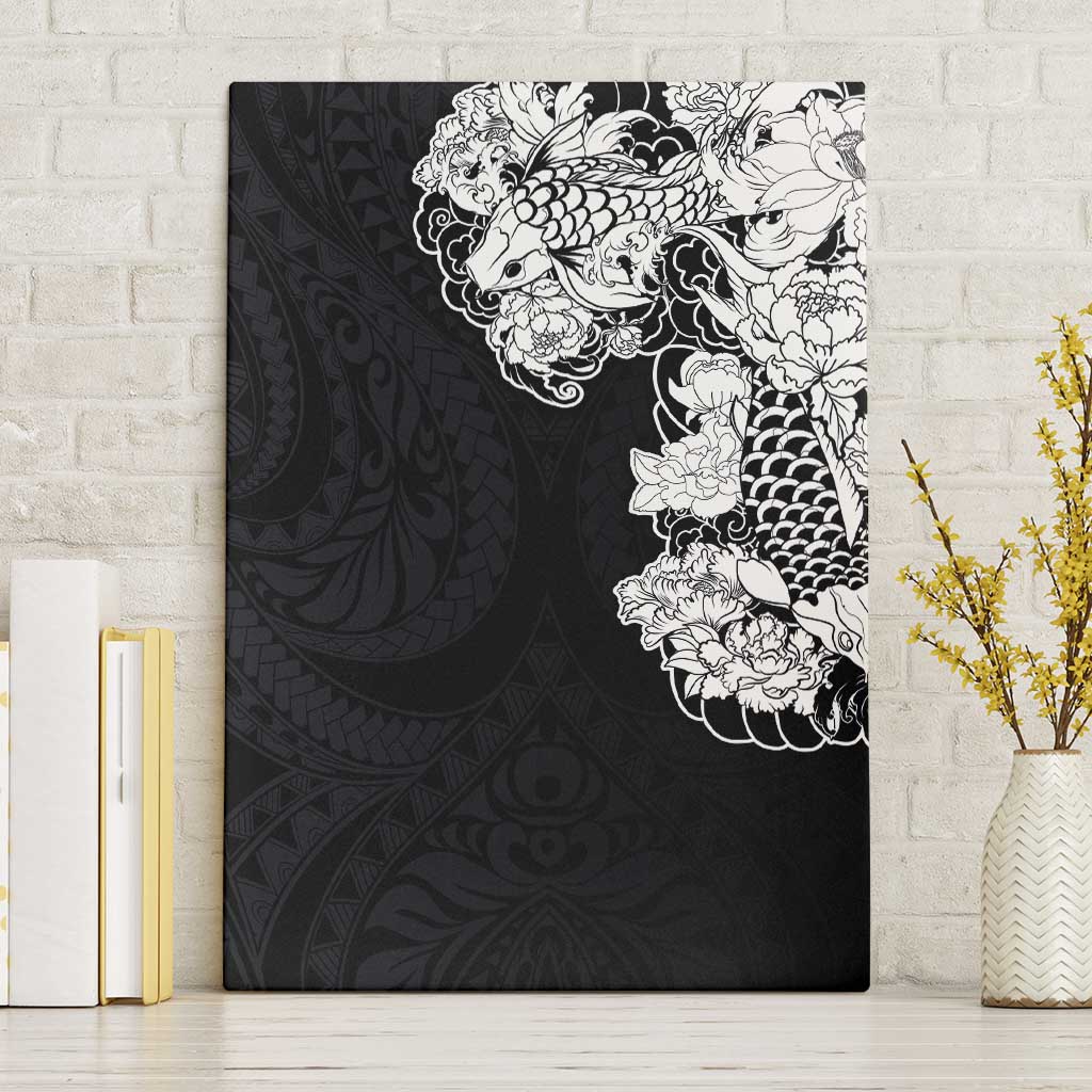 Hawaiian and Japanese Together Canvas Wall Art Japanese Koi Fish Tattoo and Kakau Pattern Black Color LT03 Without Frame Black - Polynesian Pride