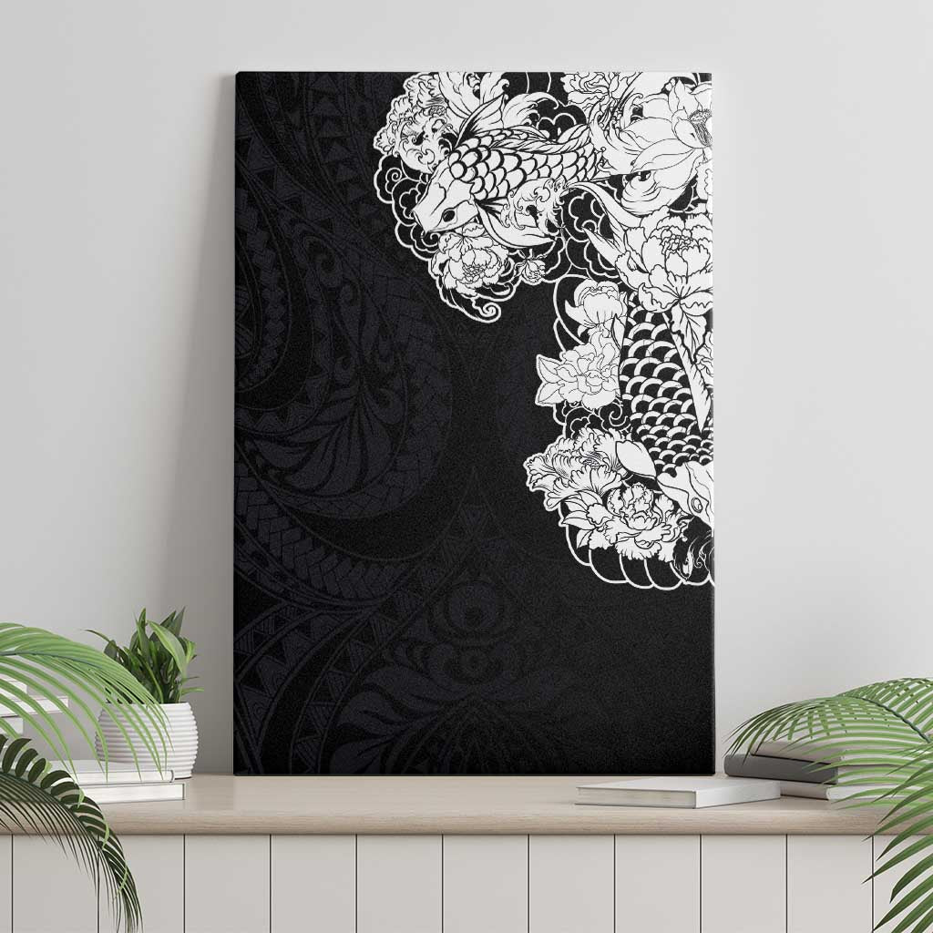 Hawaiian and Japanese Together Canvas Wall Art Japanese Koi Fish Tattoo and Kakau Pattern Black Color LT03 - Polynesian Pride