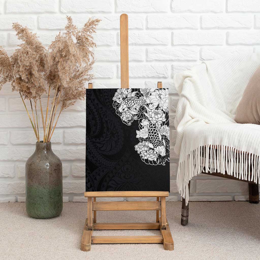 Hawaiian and Japanese Together Canvas Wall Art Japanese Koi Fish Tattoo and Kakau Pattern Black Color LT03 - Polynesian Pride