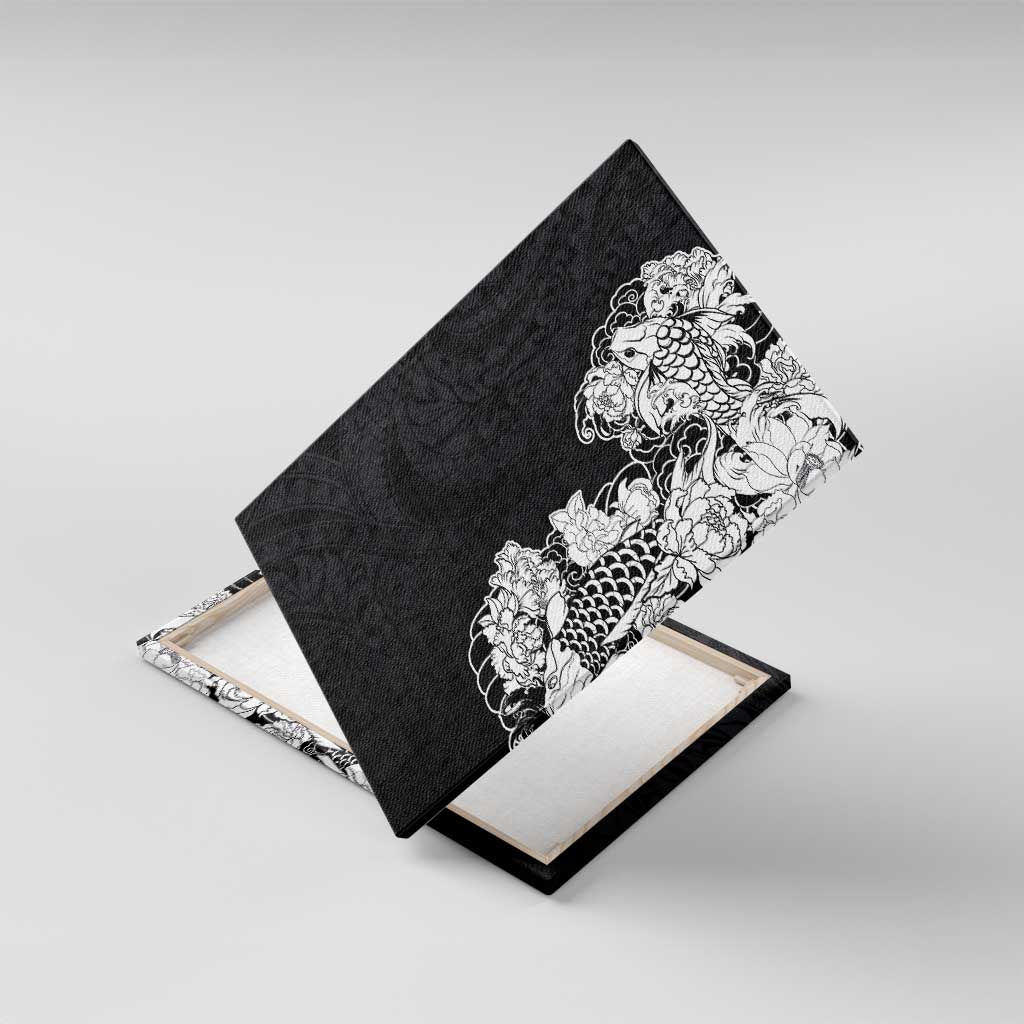 Hawaiian and Japanese Together Canvas Wall Art Japanese Koi Fish Tattoo and Kakau Pattern Black Color LT03 With Frame Black - Polynesian Pride