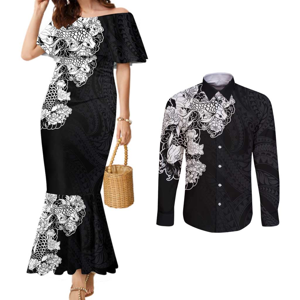 Hawaiian and Japanese Together Couples Matching Mermaid Dress and Long Sleeve Button Shirt Japanese Koi Fish Tattoo and Kakau Pattern Black Color LT03 Black - Polynesian Pride