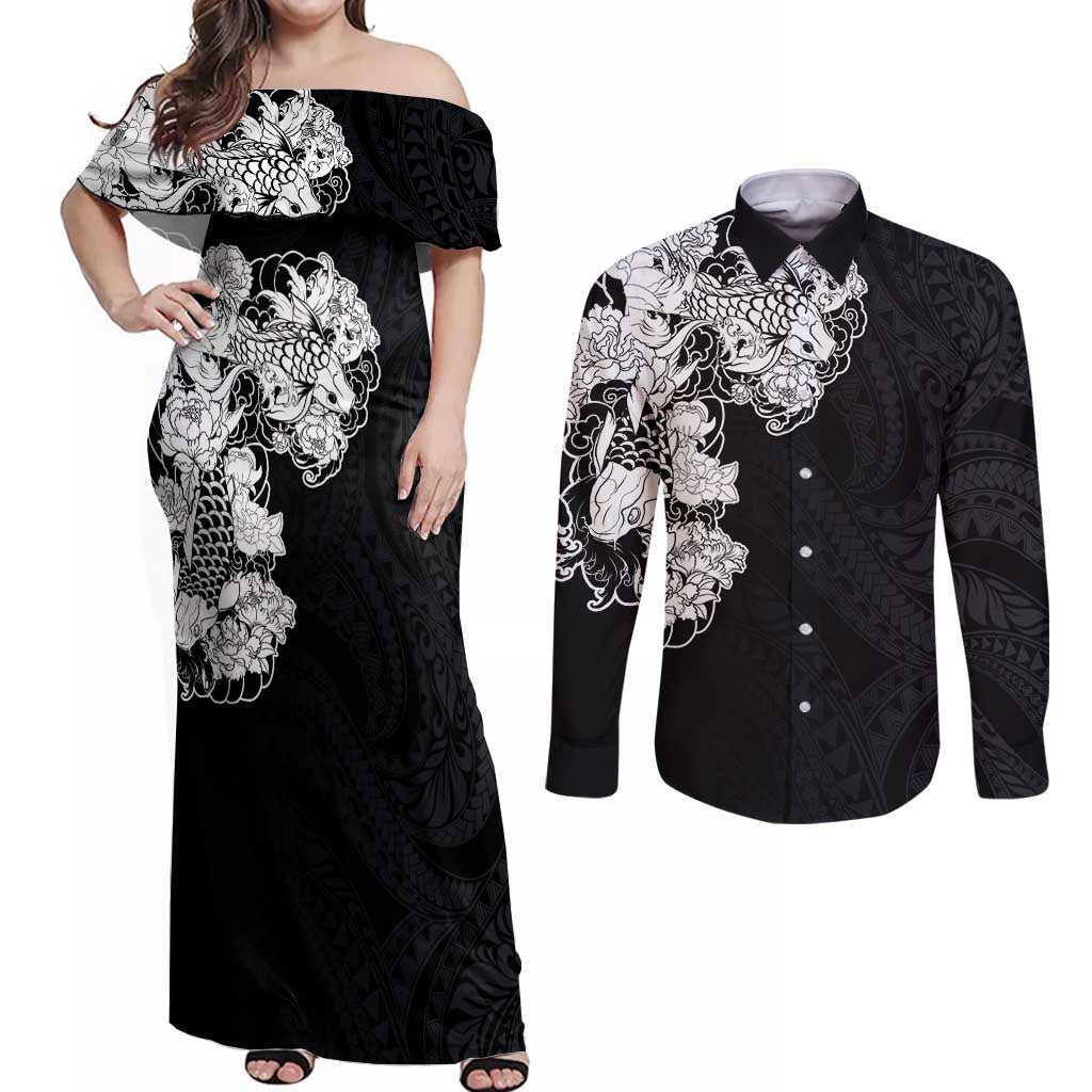 Hawaiian and Japanese Together Couples Matching Off Shoulder Maxi Dress and Long Sleeve Button Shirt Japanese Koi Fish Tattoo and Kakau Pattern Black Color LT03 Black - Polynesian Pride